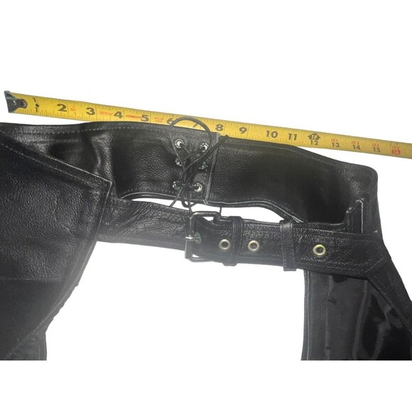 Adult S Black Leather Motorcycle Riding Chaps Adjustable Belt Snap Closure 30-34 - Picture 12 of 14